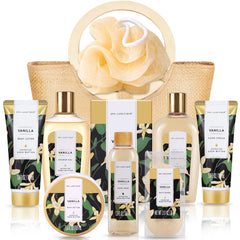 spa luxetique front packaging showing complete vanilla spa kit, attractive gift-ready presentation
