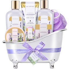 spa luxetique front packaging showing full lavender gift set and presentation