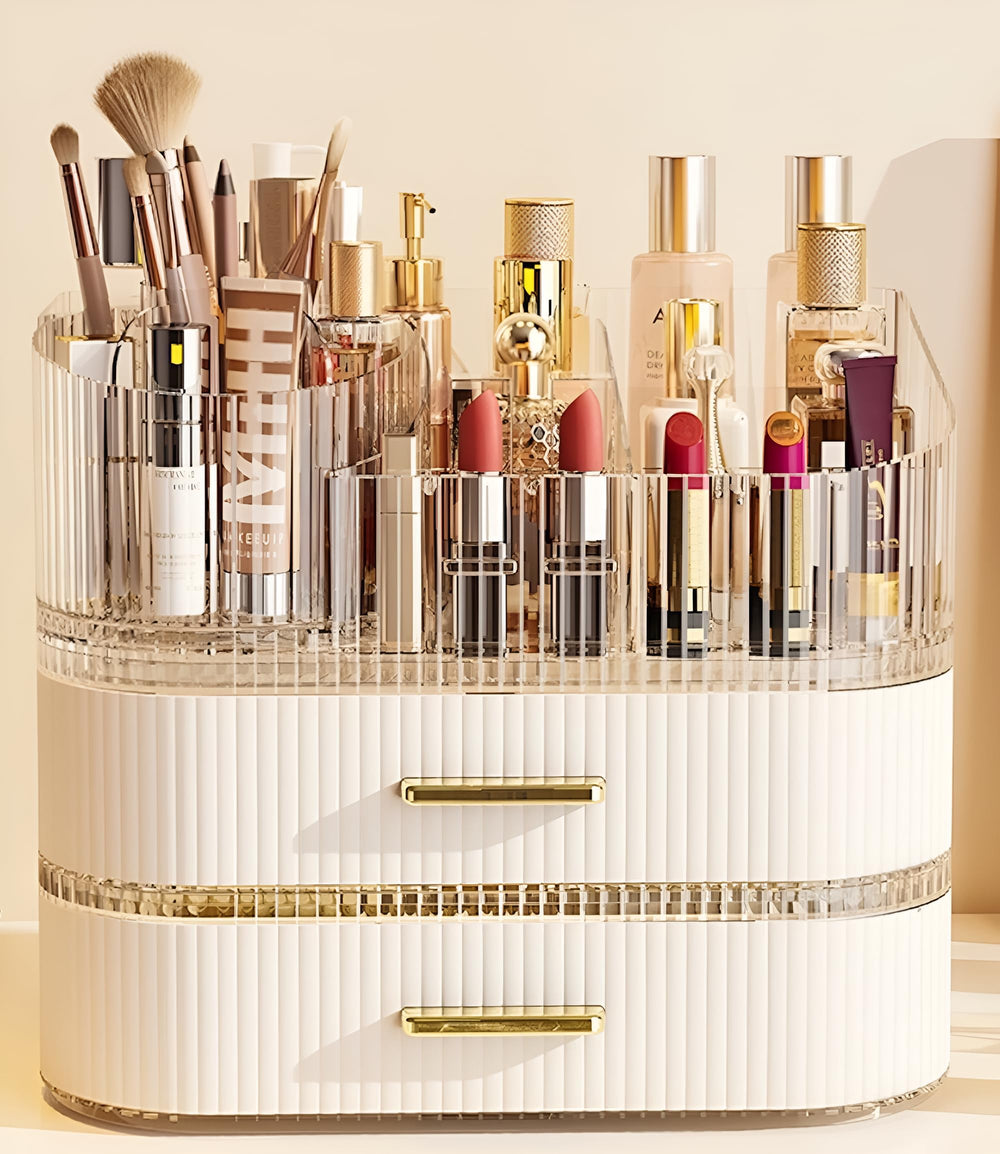SpaceLuxe front view showing organized cosmetics and sleek profile for tidy counters