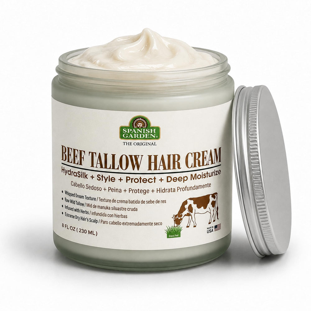 Spanish Garden jar front view showing organic hair cream and easy use benefit