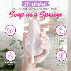 Spongeables sponge producing creamy lavender lather in hand to cleanse