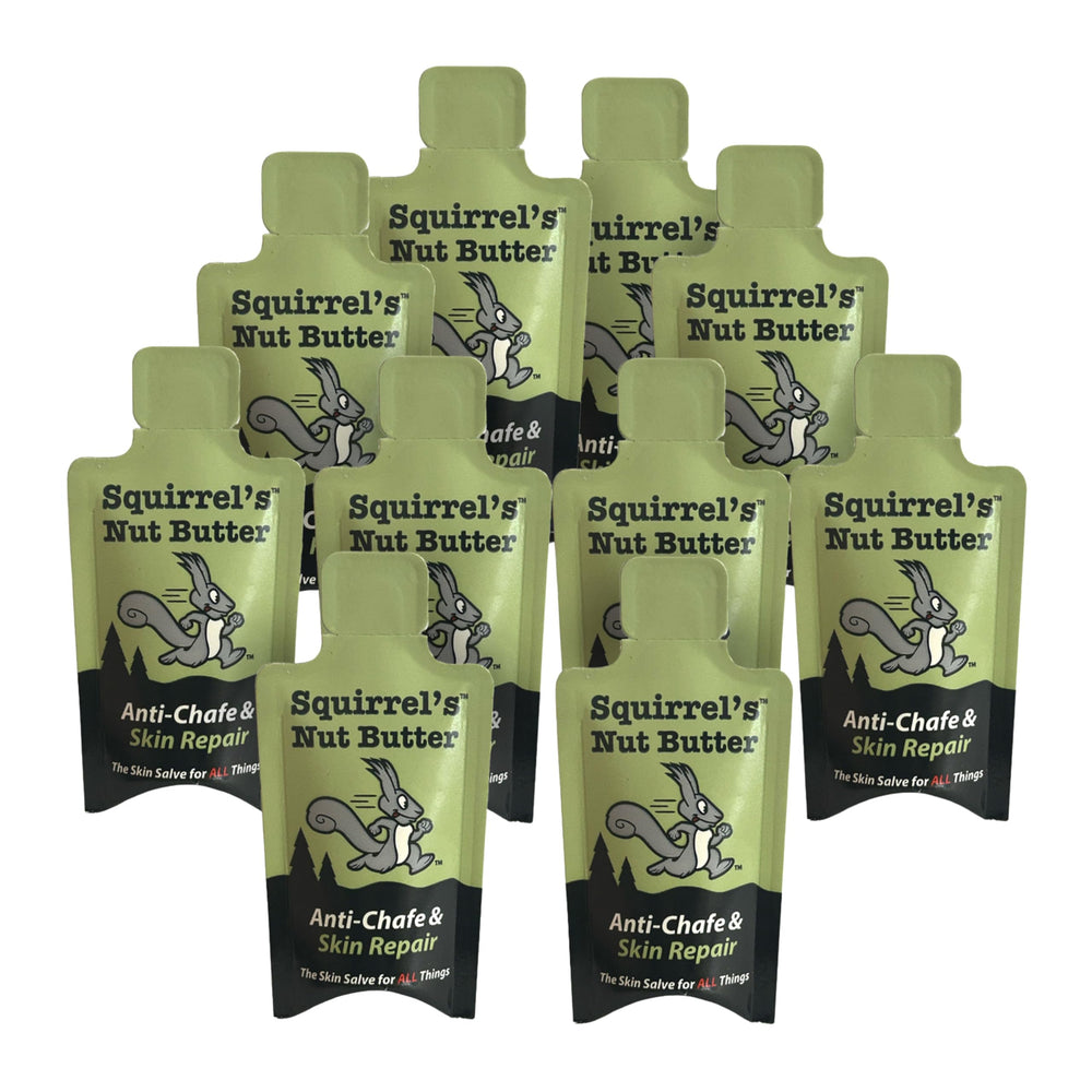 Squirrel's Nut Butter front packet showing waterproof single-use convenience