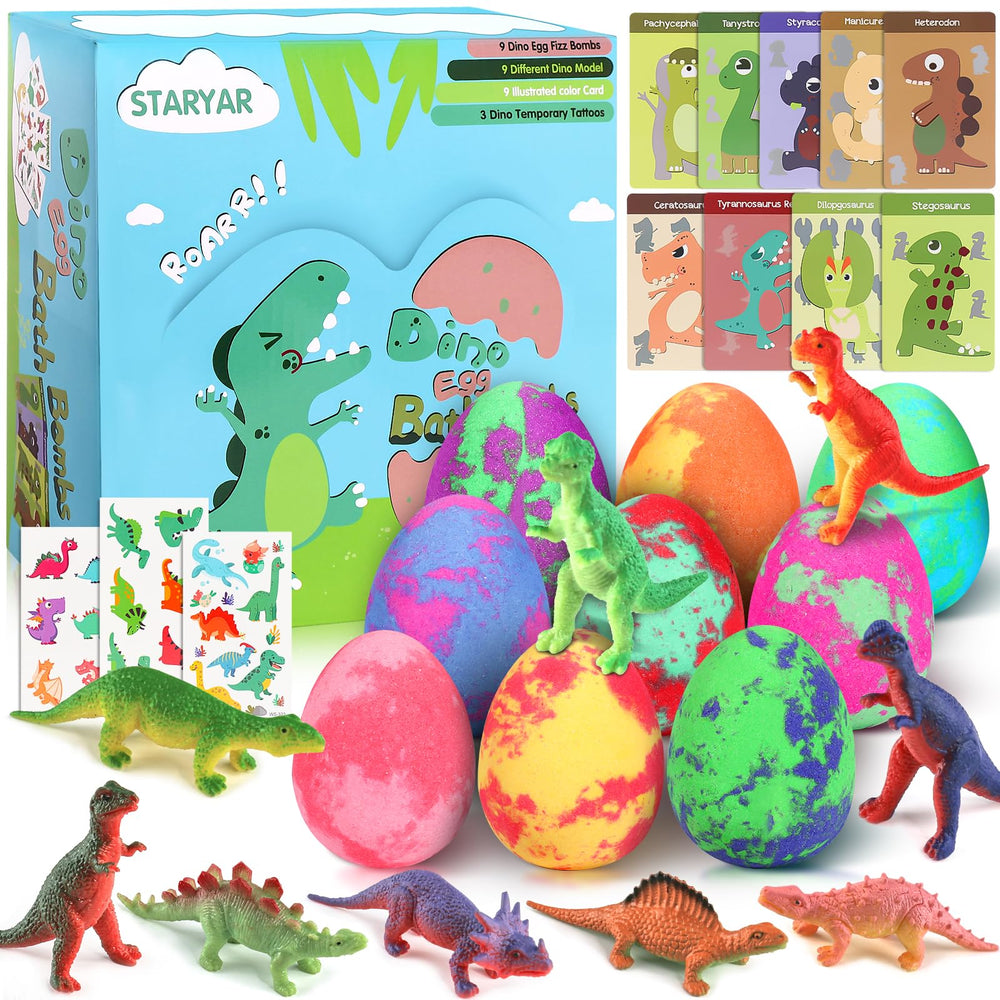 STARYAR front packaging showing nine colorful dino egg bath bombs and gift-ready box