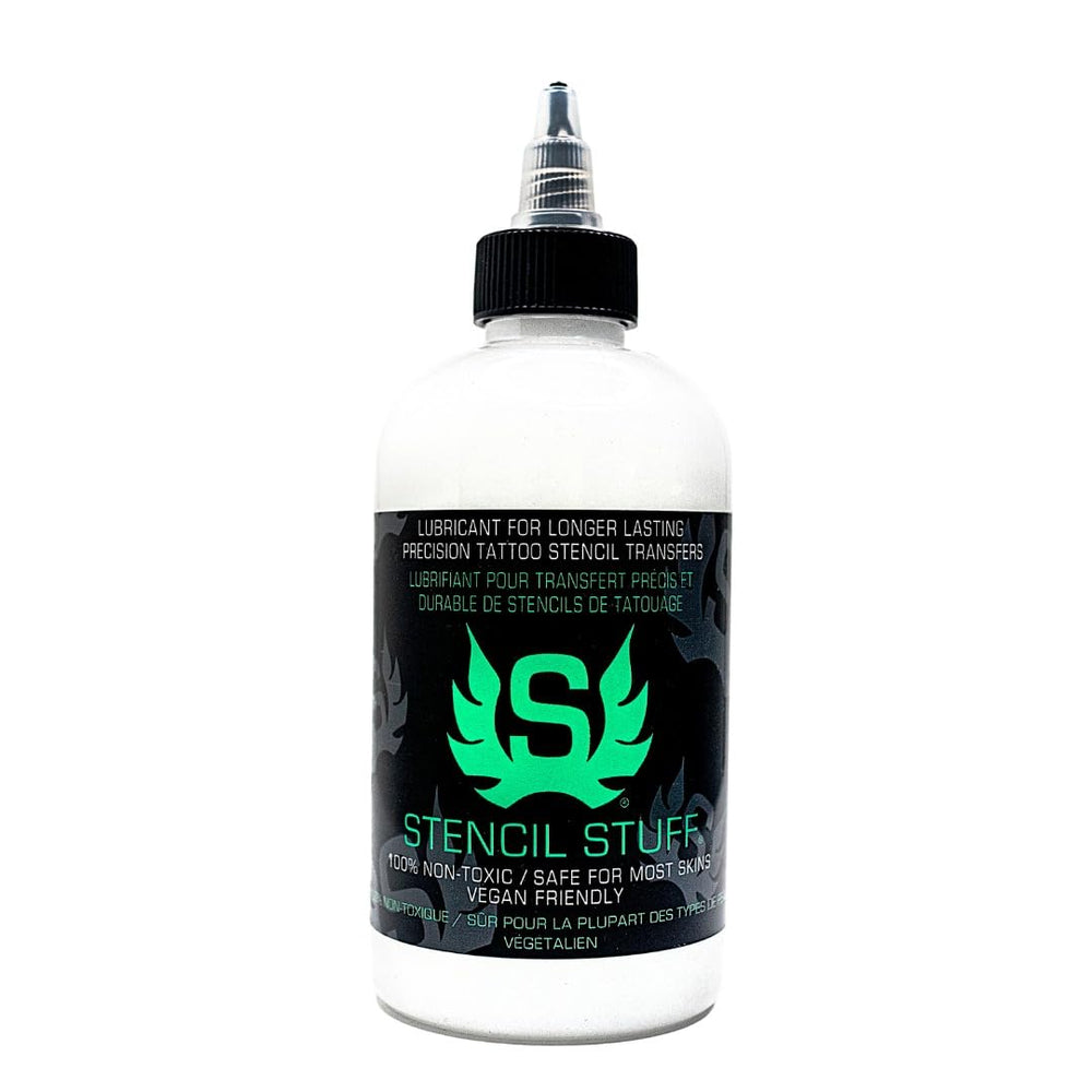 Stencil Stuff front label showing 8oz jar and clear product branding benefit: professional transfers