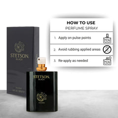 Stetson black bottle next to wallet showing 3.4 oz travel-ready size