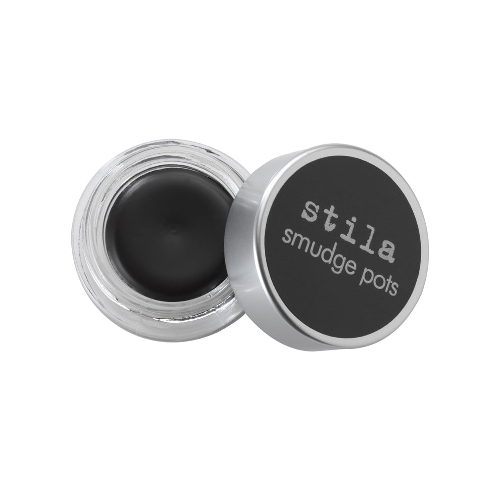 stila Smudge Pot front jar view showing packaging and bold black shade benefit