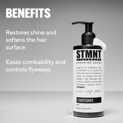 STMNT conditioner creamy pour texture demonstrating moisturizing formula and easy application benefit