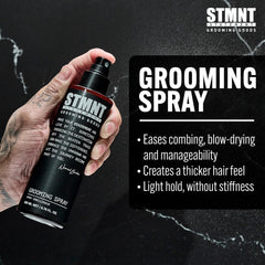 STMNT grooming spray hair texture detail showing fuller, thicker-looking strands after use