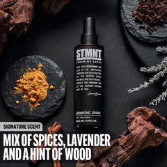 STMNT grooming spray nozzle close-up demonstrating fine mist for even distribution and lightweight coverage
