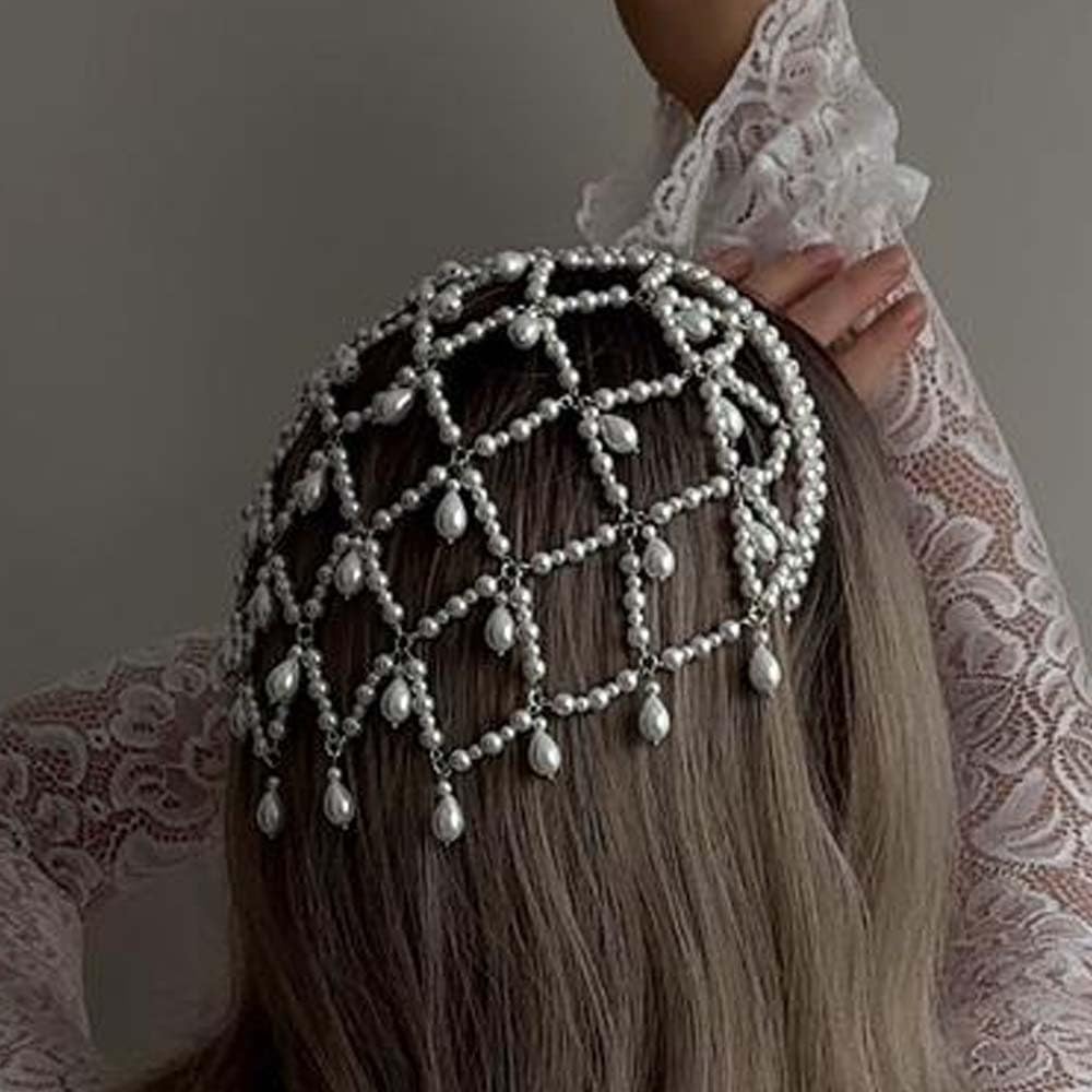 STONEFANS front view of gold pearl headpiece, adds vintage elegance