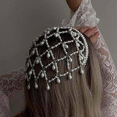 STONEFANS front view of gold pearl headpiece, adds vintage elegance