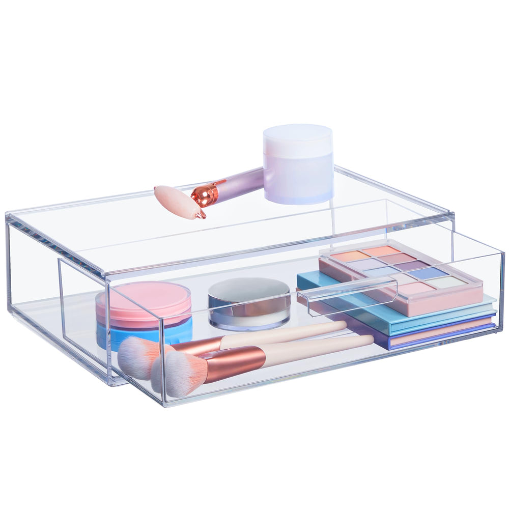 STORi front view clear drawer showing organized cosmetics and easy visibility
