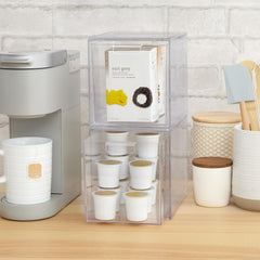 STORi Audrey stacked set on vanity to demonstrate vertical space-saving benefit