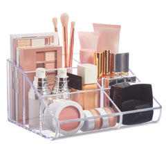 STORi front view of clear organizer showing neat cosmetics and quick access