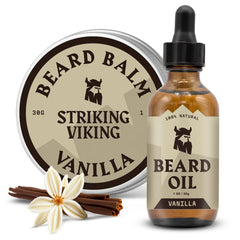Striking Viking front tin and bottle showing the vanilla beard care duo benefit softening