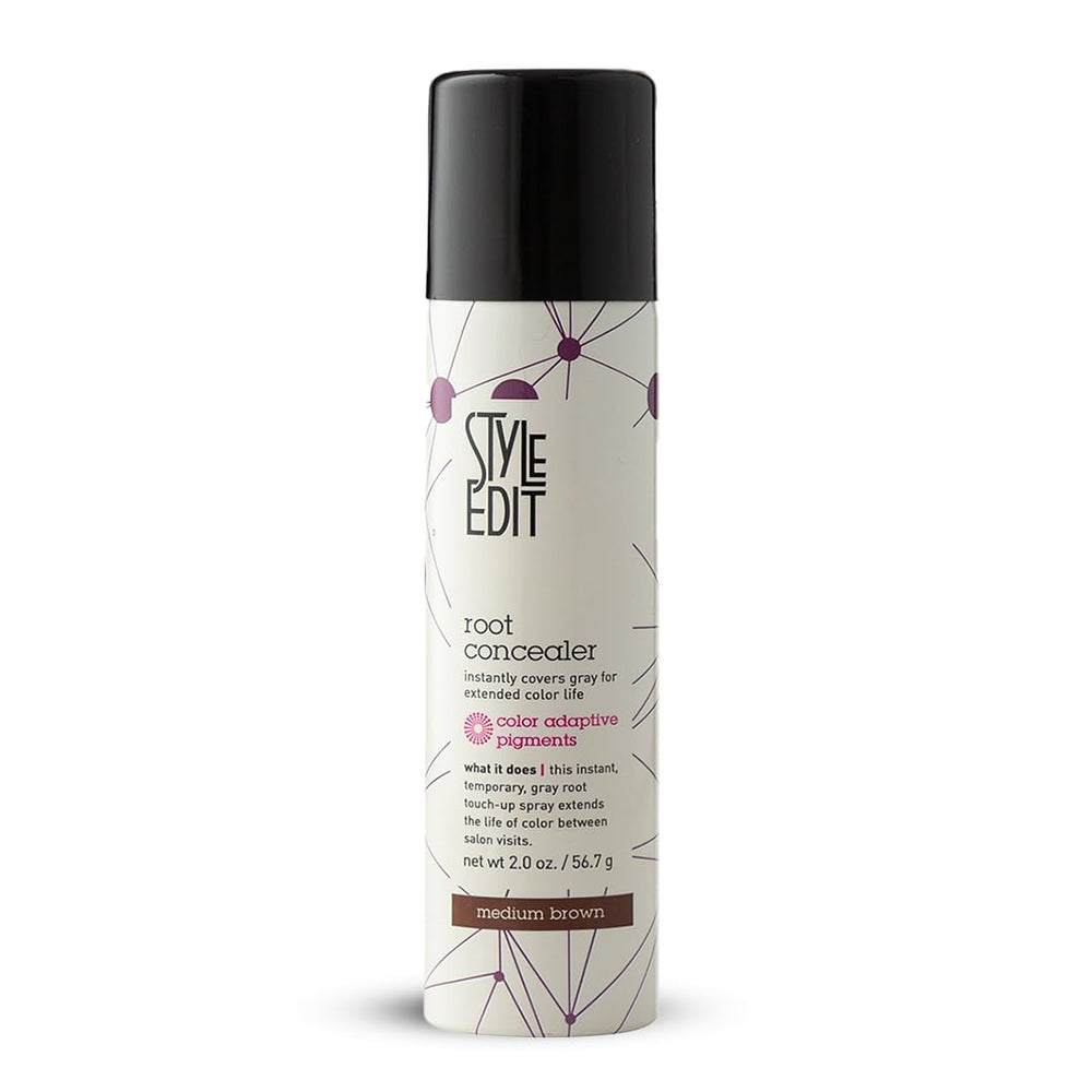 Style Edit medium brown front packaging showing compact 2 oz bottle and branding benefit quick coverage