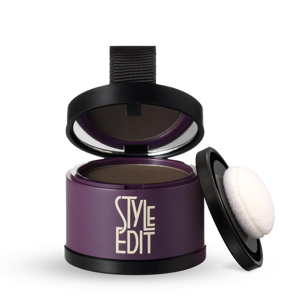 STYLE EDIT compact front view showing dark brown touch-up powder for quick coverage