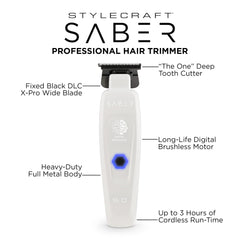 STYLECRAFT Saber blade closeup showing DLC X-PRO wide blade for sharp, durable cuts