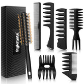 STYLEMATE front packaging showing full comb and brush set, easy storage benefit