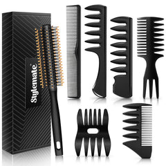 STYLEMATE front packaging showing full comb and brush set, easy storage benefit