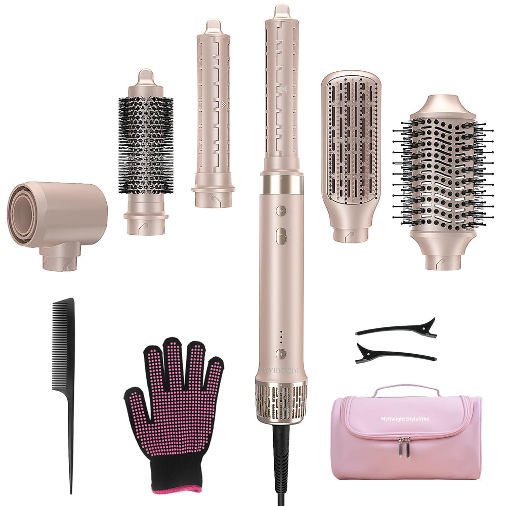StyleVibe Mythsight front view showing compact multi-styler and attachments for travel-friendly versatility