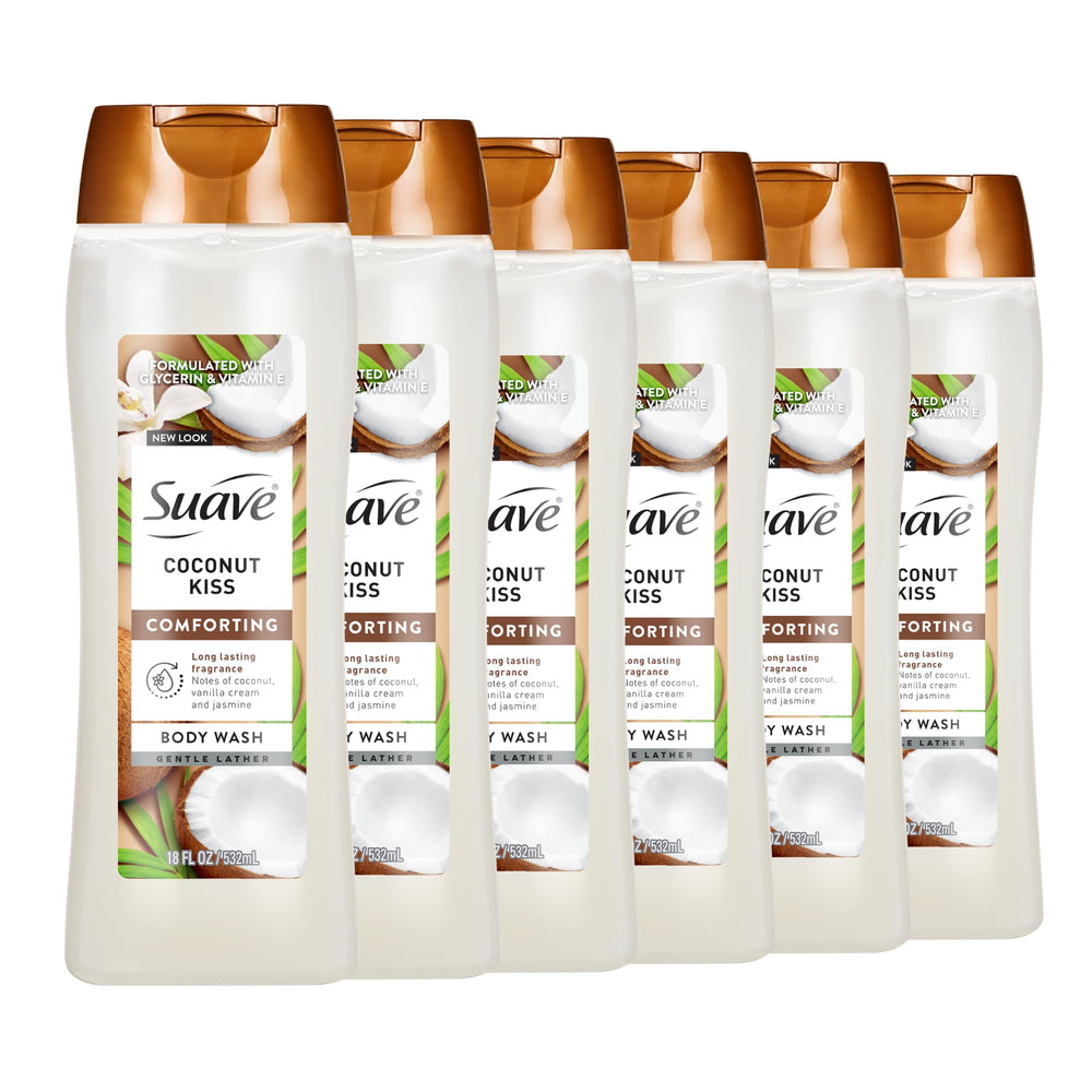 suave front bottle showing Coconut Kiss scent and hydrating formula