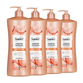 Suave front packaging showing four keratin infusion bottles for long-lasting frizz control
