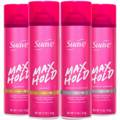 Suave Max Hold front pack showing four 11 oz cans and value bundle benefit