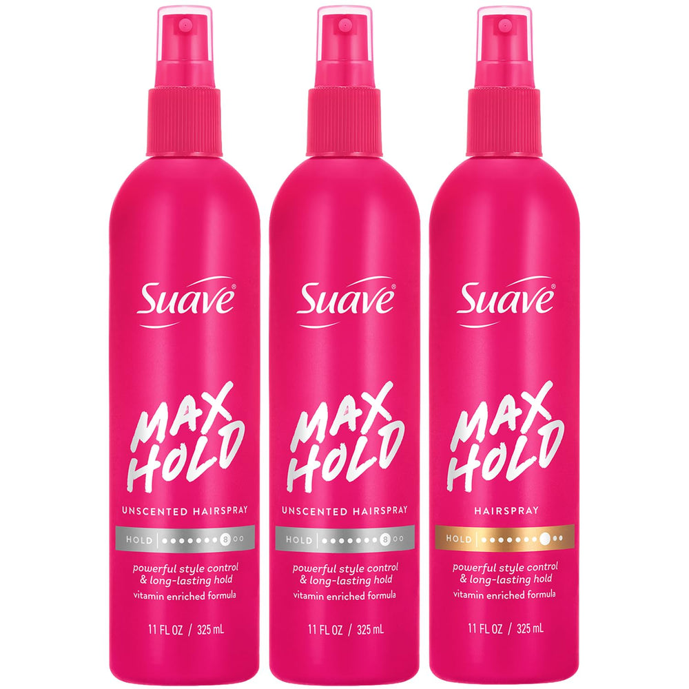 Suave Max Hold front packaging showing three bottles and product benefit