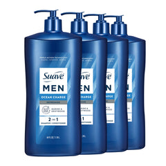 Suave Men front pump bottle showing label and easy dispensing benefit