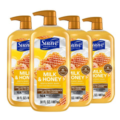 suave+ front 30 oz bottle showing milk and honey scent benefits