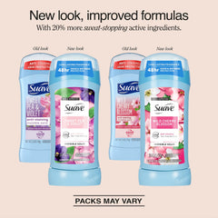 Suave Wild Cherry Blossom stick open showing the solid deodorant for quick daily application benefit