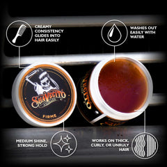 Suavecito Pomade Firme on hands demonstrating easy spreadability and control