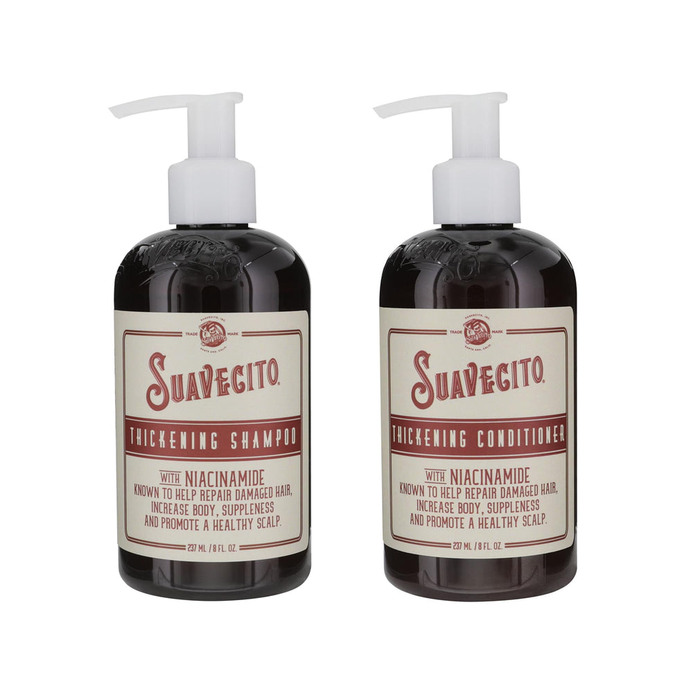 Suavecito Pomade front packaging showing thickening shampoo and conditioner benefits