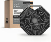 Sud Scrub front view showing charcoal color and compact design, hygienic bath tool benefit