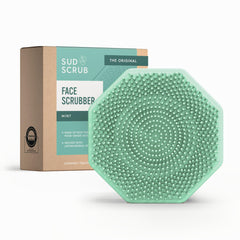 Sud Scrub front view of mint silicone scrubber showing shape and color benefit hygiene