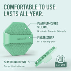 Sud Scrub held in a wet hand during cleansing showing easy handling benefit