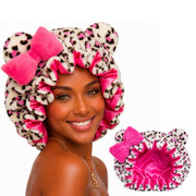 Sultresse front view of leopard bonnet showing plush exterior and shape, comfortable protection