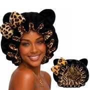 Sultresse plush leopard bonnet front view showing stylish protection