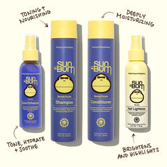 Demonstration on towel-dried hair using Sun Bum spray for easy detangling benefit