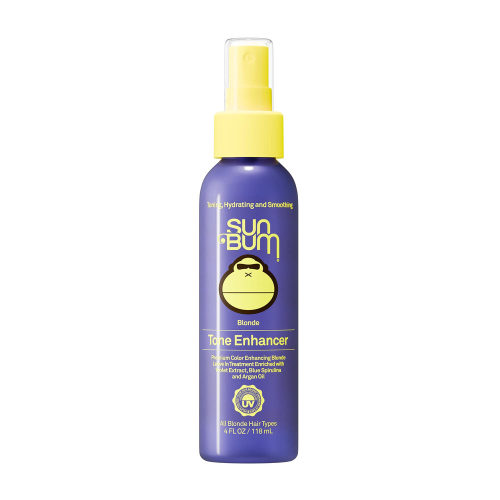 Sun Bum front bottle image showing tone-enhancing spray and easy application benefit