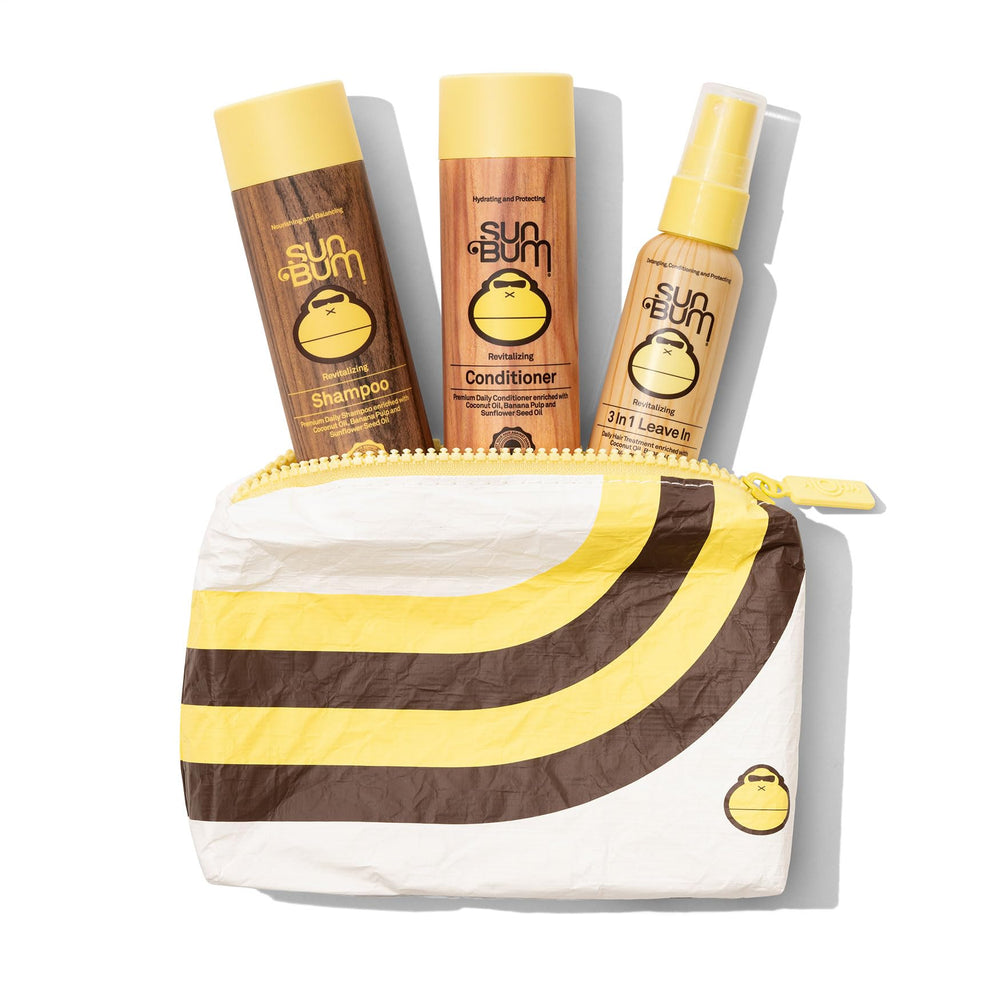 Sun Bum travel kit front view showing compact bottles and pouch, convenient for trips