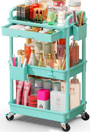 SUNALLY front view of blue 3-tier cart showing organized storage and quick access