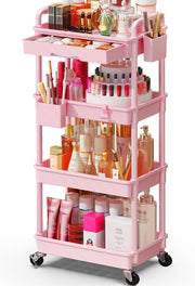 SUNALLY front view of pink rolling makeup cart for organized storage