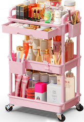 SUNALLY front view of pink makeup cart showing organized shelves and chic design benefit: keeps items visible