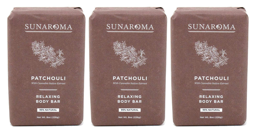 SUNAROMA patchouli bar front packaging showing three bars and labeling benefit