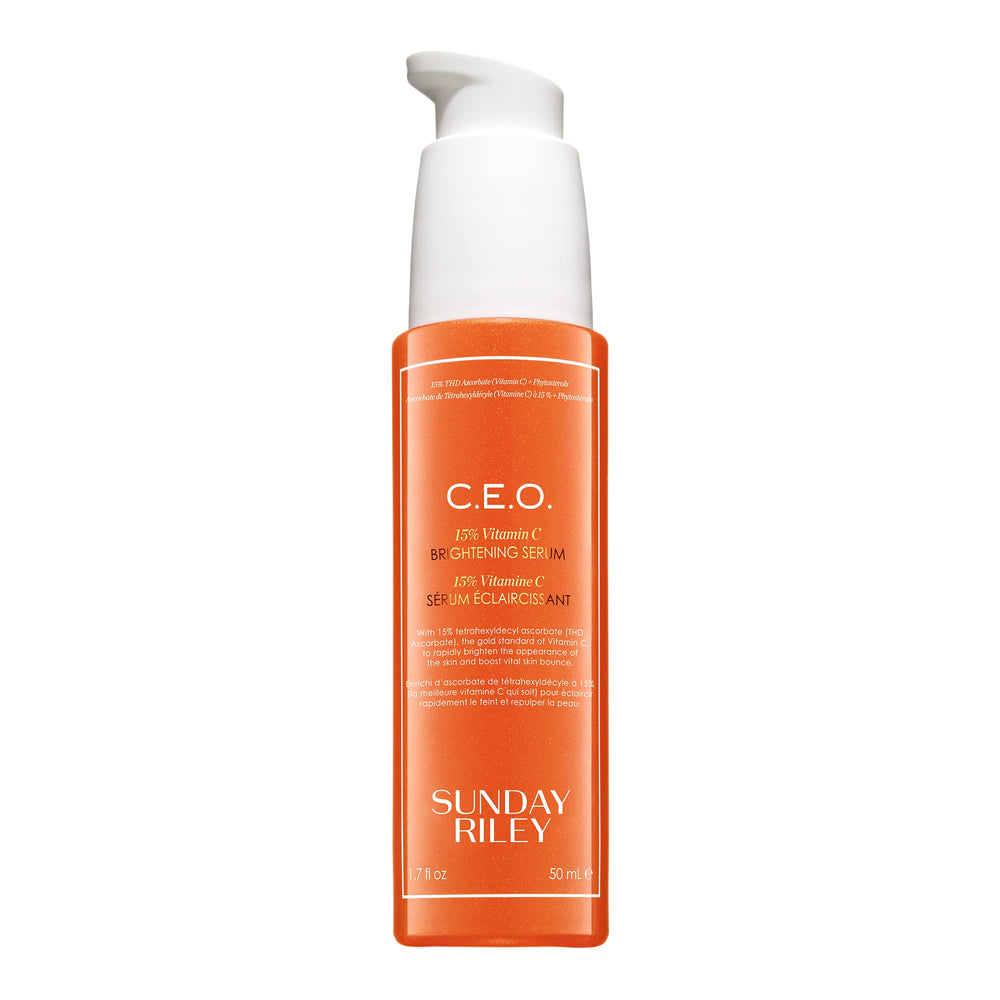 Sunday Riley bottle front view showing brand and brightening serum benefits