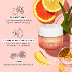 Sunday Riley C.E.O. Afterglow ingredient card showing THD ascorbate and antioxidant support