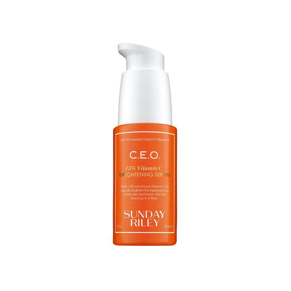 Sunday Riley bottle front packaging showing brightening serum benefit