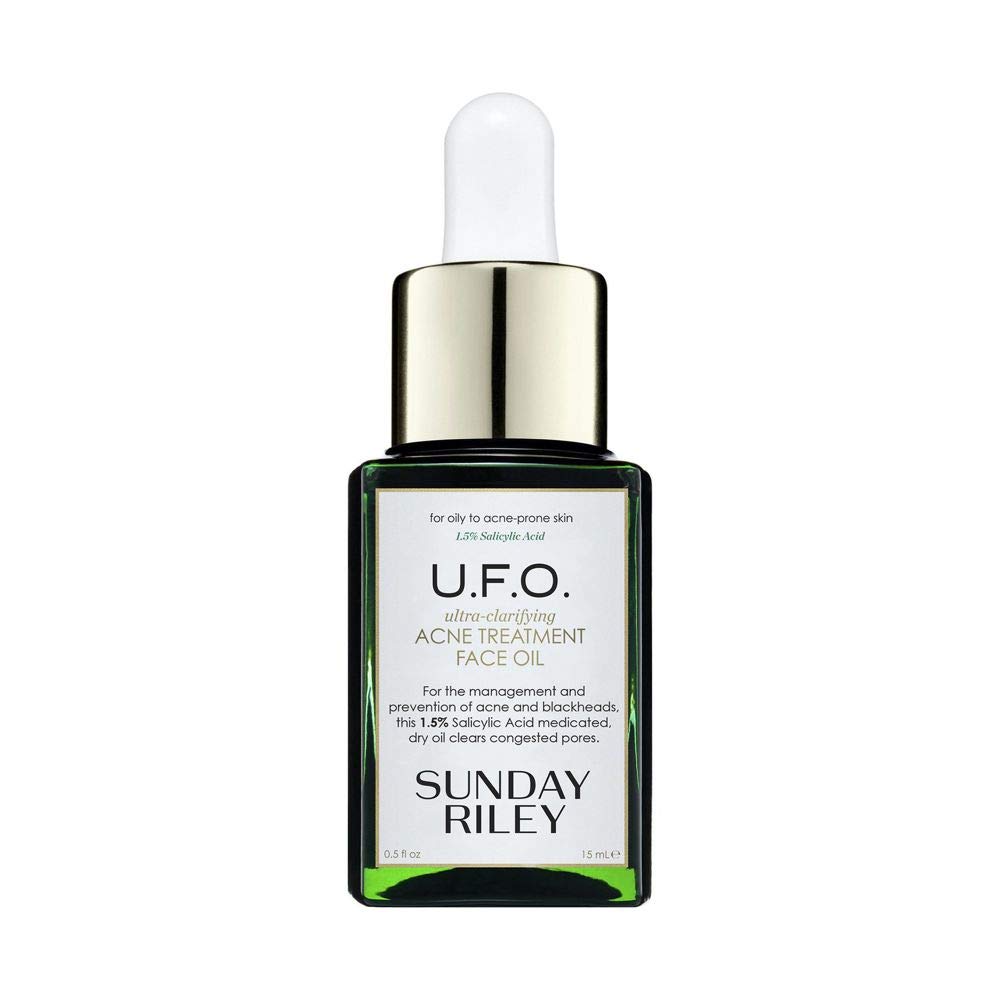 Sunday Riley U.F.O. front packaging showing compact bottle and clear labeling benefit: targeted acne care
